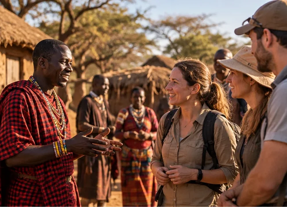 Travelers meeting members of a local Tanzanian community